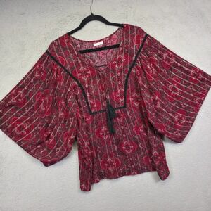 Maurices Top Womens L Red Kimono‎ Tassel Paisley Striped Metallic Boho Oversized